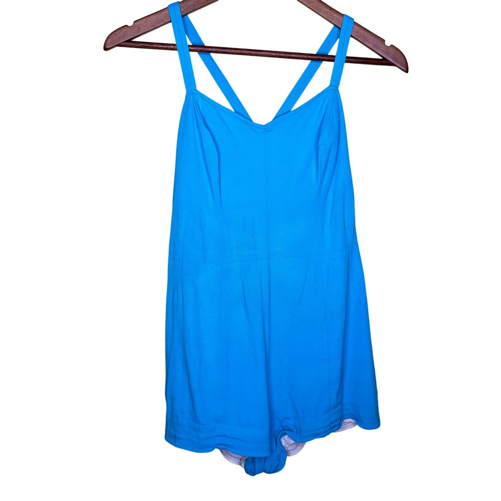 Vintage Jantzen Blue Romper Swimsuit Made in USA Diving Girl Logo XL Large